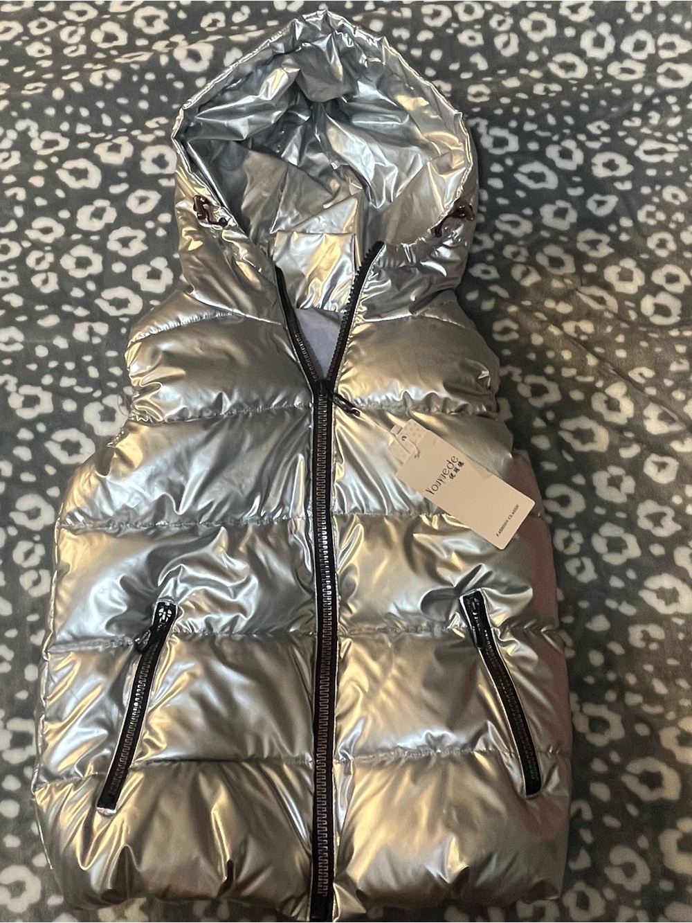 Men's Metallic Silver Hooded Puffer Vest